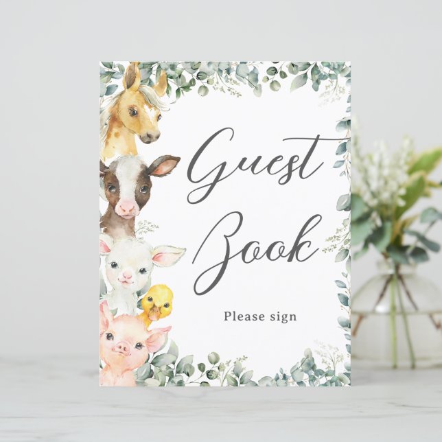 Budget Greenery Farm Animals Baby Guest Book Sign (Standing Front)