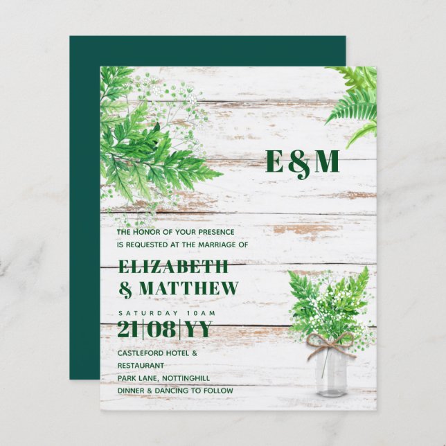 BUDGET Greenery Ferns Monochromatic Wedding Invite (Front/Back)