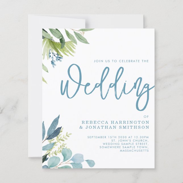 Budget Greenery Foliage Blue Wedding Invitation (Front)