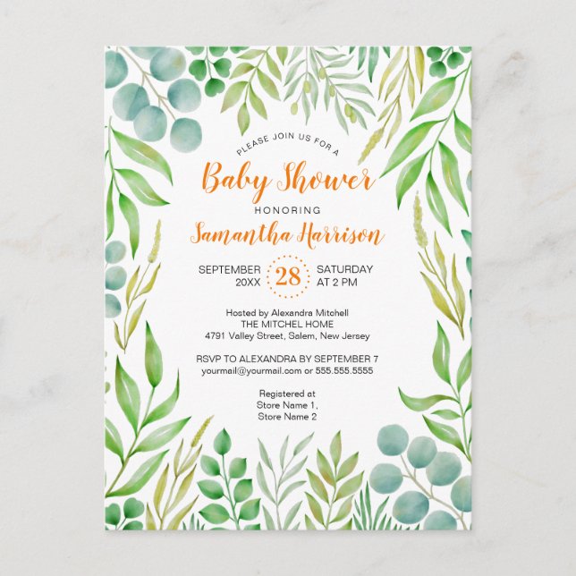Budget Greenery Foliage Fall Botanical Baby Shower Invitation Postcard (Front)