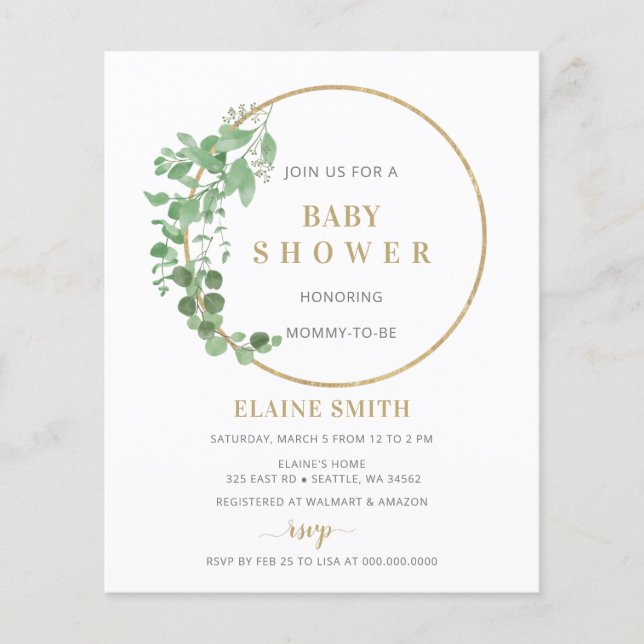 Budget Greenery Gold Baby Shower Invitation (Front)