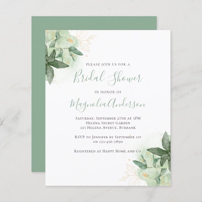 Budget Greenery Gold Bridal Shower Invitation (Front/Back)