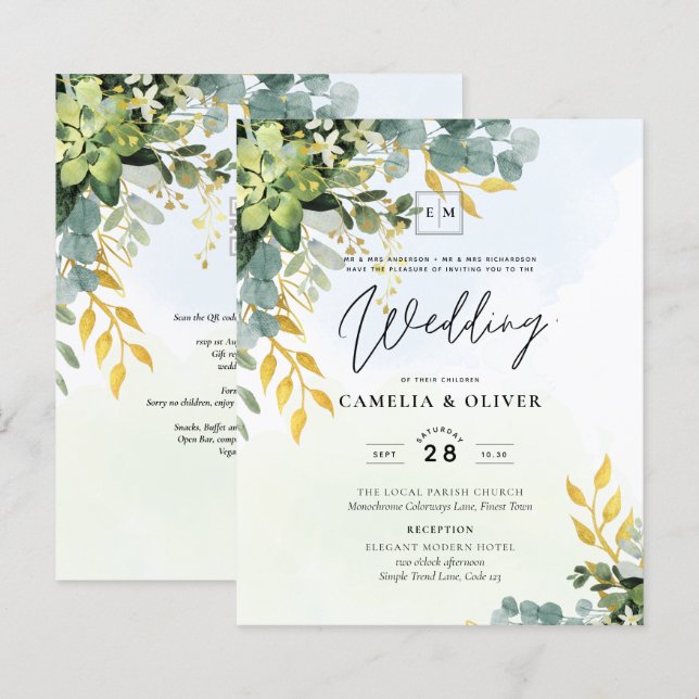 BUDGET Greenery Gold Eucalyptus Leaves Wedding (Front/Back)
