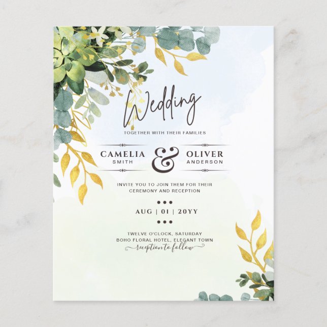 BUDGET Greenery Gold Eucalyptus Leaves Wedding Flyer (Front)