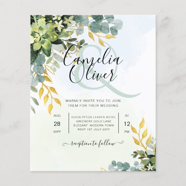 BUDGET Greenery Gold Eucalyptus Leaves Wedding Flyer (Front)