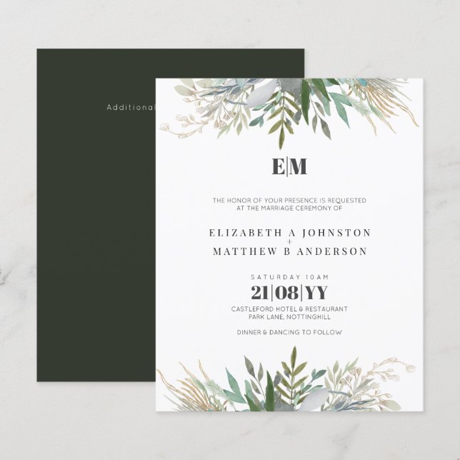 Budget Greenery Leaves Typography Wedding Invites (Front/Back)