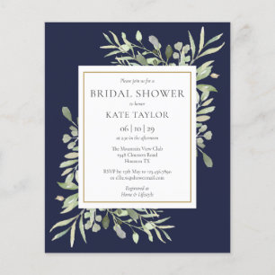 Budget Greenery Navy Blue Bridal Shower Invitation