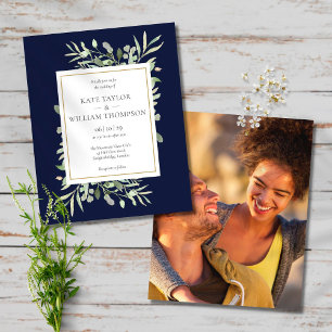 Budget Greenery Navy Blue Wedding Photo Invitation