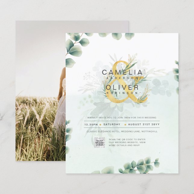 BUDGET Greenery PHOTO Wedding Invitation QR CODE (Front/Back)