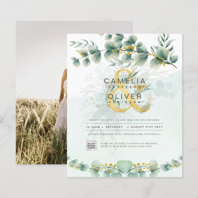BUDGET Greenery PHOTO Wedding Invitation QR CODE (Front/Back)