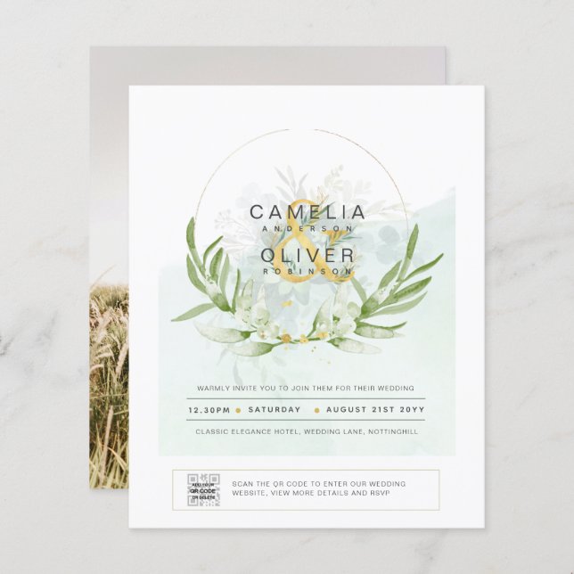 BUDGET Greenery PHOTO Wedding Invitation QR CODE F (Front/Back)