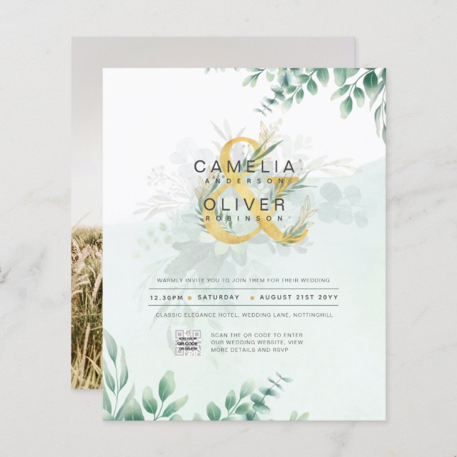 BUDGET Greenery PHOTO Wedding Invitation QR CODE F (Front/Back)