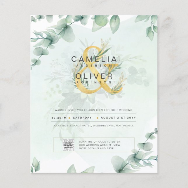 BUDGET Greenery PHOTO Wedding Invitation QR CODE F Flyer (Front)