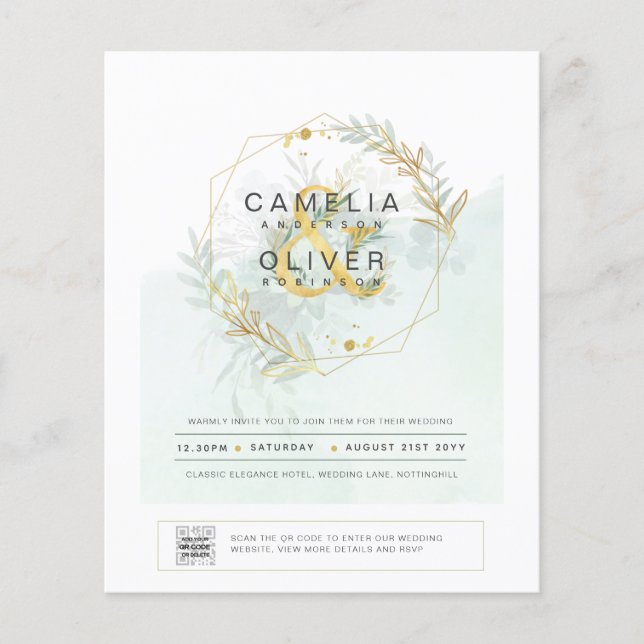 BUDGET Greenery PHOTO Wedding Invitation QR CODE F Flyer (Front)