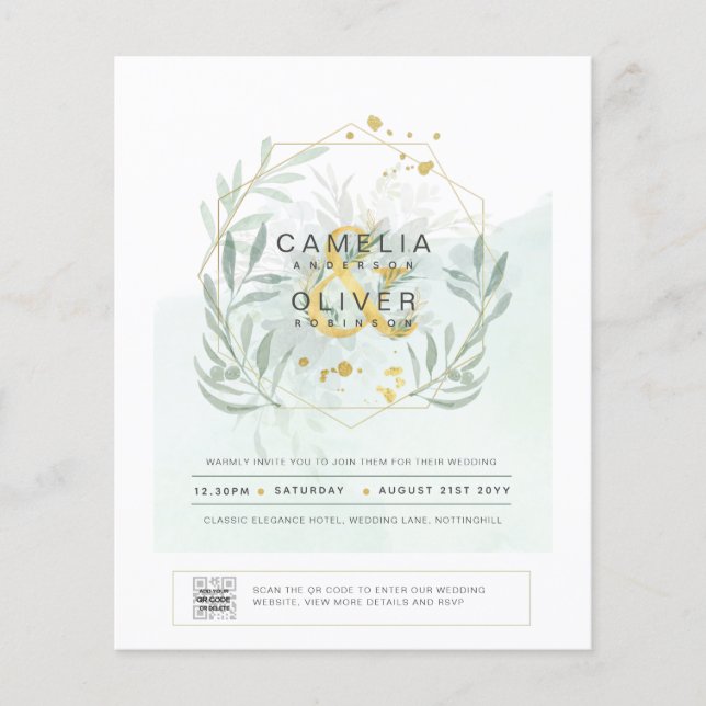 BUDGET Greenery PHOTO Wedding Invitation QR CODE Flyer (Front)