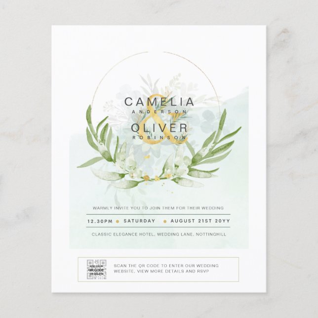 BUDGET Greenery PHOTO Wedding Invitation QR CODE Flyer (Front)