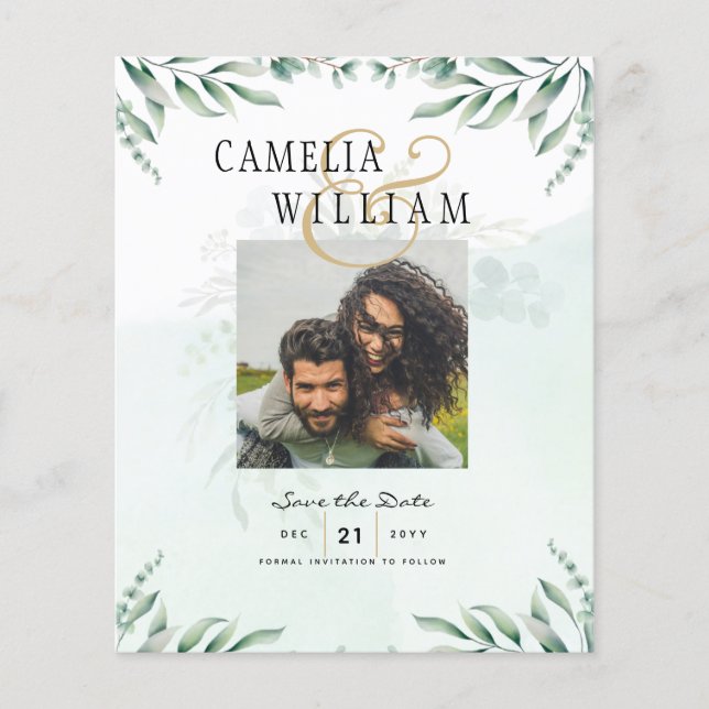 BUDGET Greenery PHOTO Wedding Save The Date QRcode Flyer (Front)