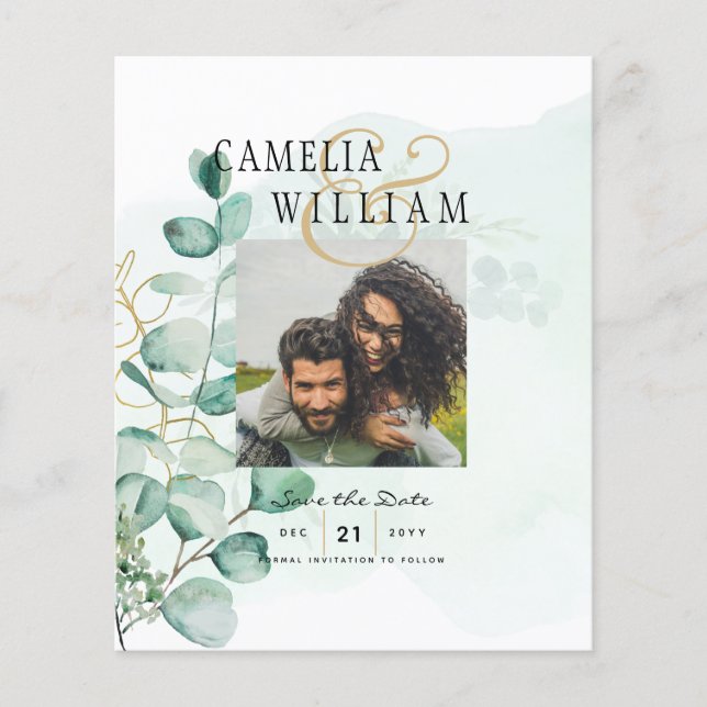 BUDGET Greenery PHOTO Wedding Save The Date QRcode Flyer (Front)
