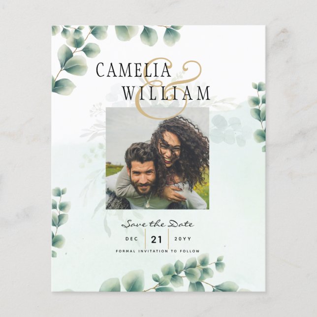 BUDGET Greenery PHOTO Wedding Save The Date QRcode Flyer (Front)