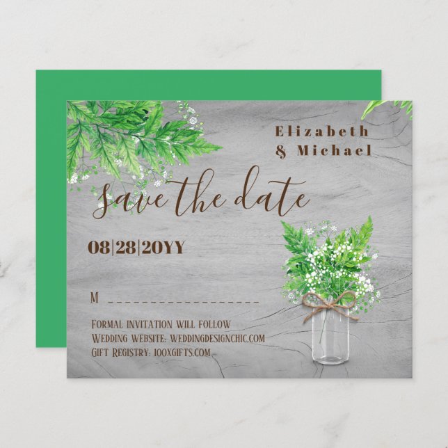 BUDGET Greenery Save Dates Ferns Monochromatic Gry (Front/Back)