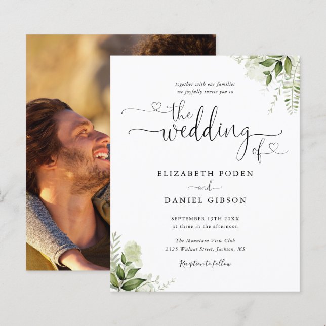 Budget Greenery Script Photo Wedding Invitation (Front/Back)