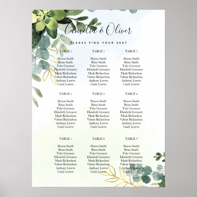 BUDGET Greenery SEATING CHART 9 Table 18" x 24"  (Front)