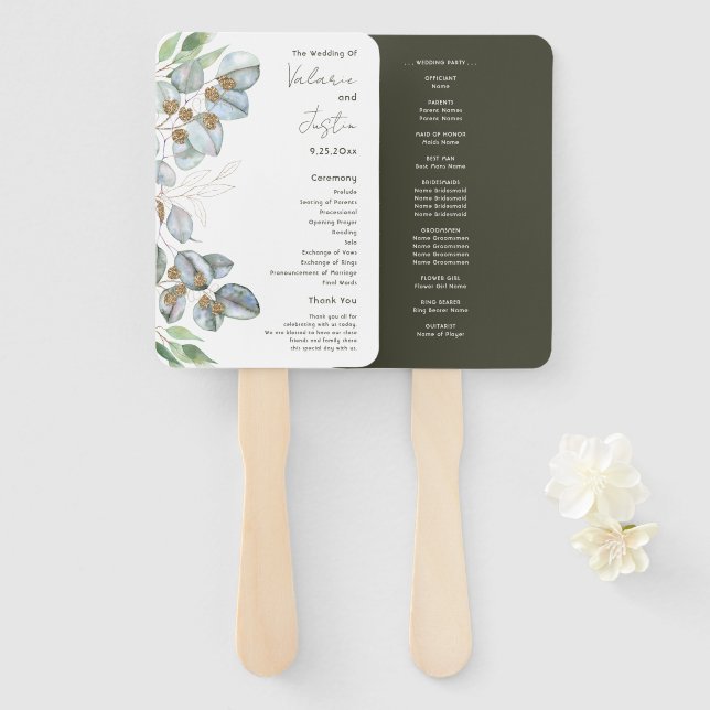 Budget Greenery Watercolor Eucalyptus Wedding Hand Hand Fan (Front and Back)