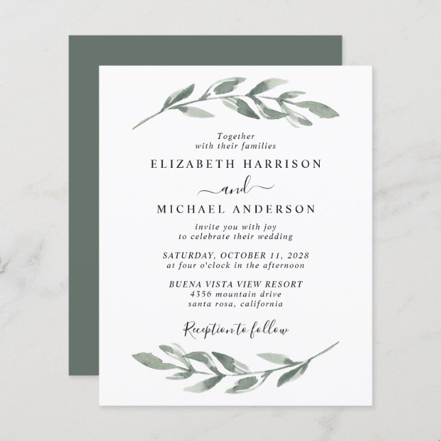 Budget Greenery Watercolor Wedding Invitation (Front/Back)
