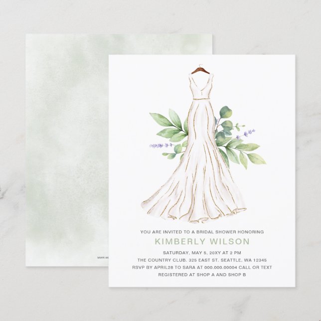 Budget Greenery Wedding Dress Bridal Shower Invite (Front/Back)