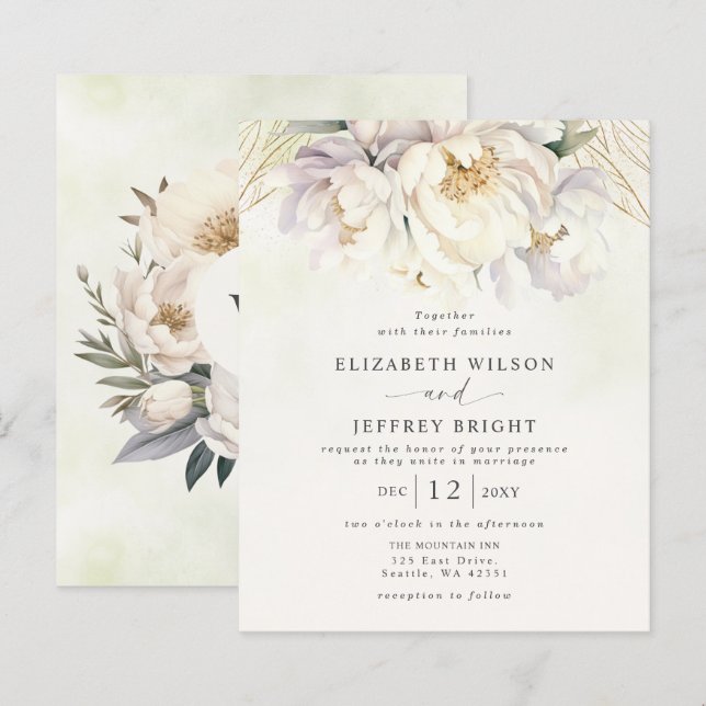 Budget Greenery White Floral Wedding Invitations (Front/Back)