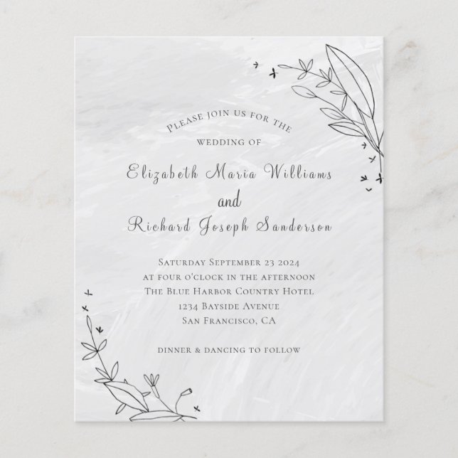 Budget Grey Floral Line Art  Wedding Invitation (Front)