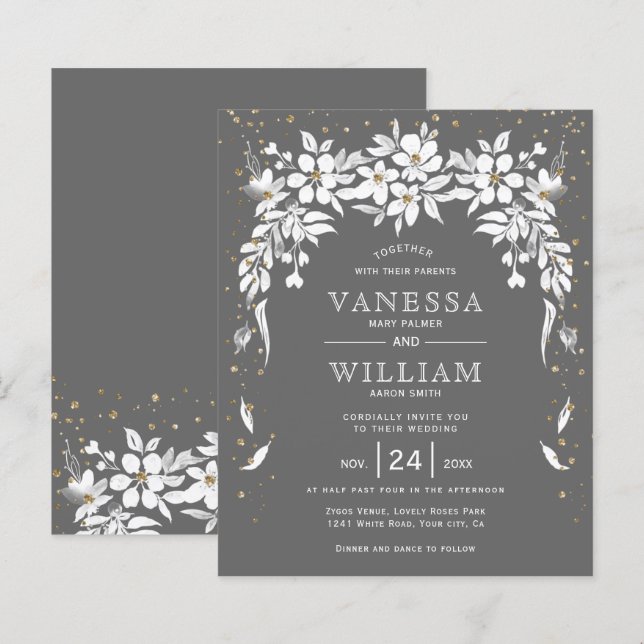 BUDGET grey floral wedding invitation        (Front/Back)