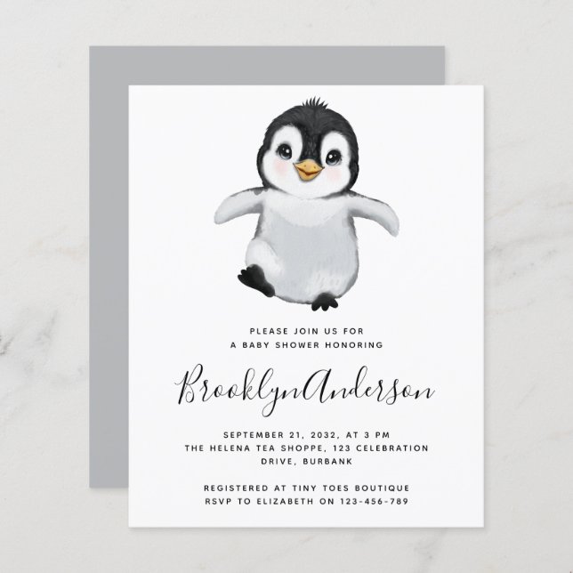 BUDGET Grey Penguin Baby Shower Invitation (Front/Back)