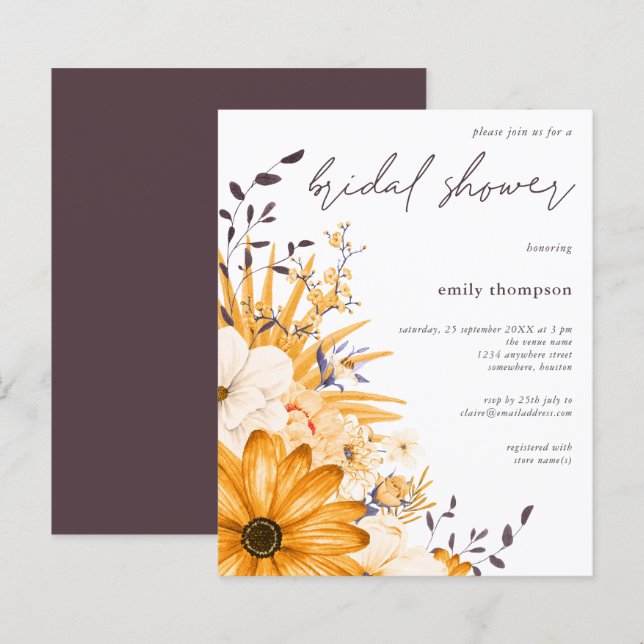 Budget Grey Yellow Floral Bridal Shower Invitation (Front/Back)