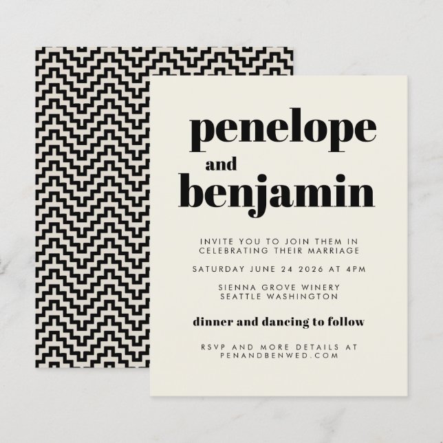 Budget Groovy 70s Black All-in-One Wedding Invite (Front/Back)