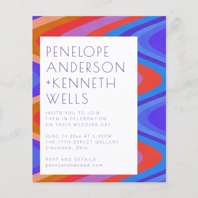 Budget Groovy Curvy Lines Blue Red Wedding Invite (Front)