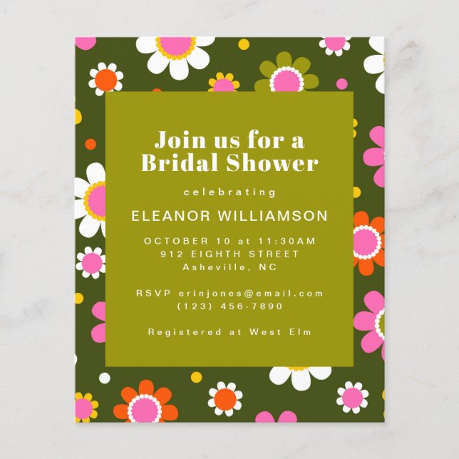 Budget Groovy Flowers Olive Bridal Shower Invite (Front)