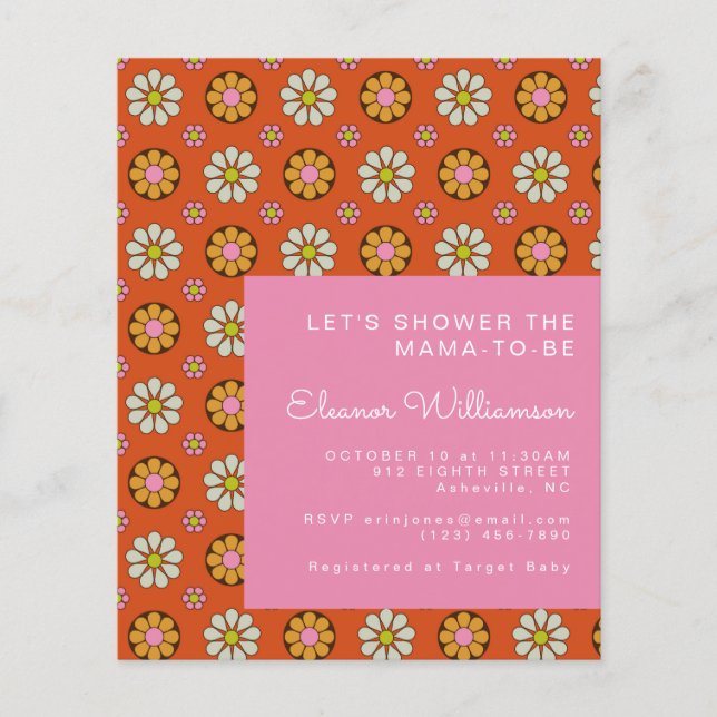 Budget Groovy Flowers Orange Baby Shower Invite (Front)