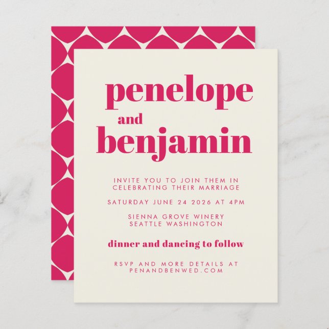 Budget Groovy Hot Pink All-in-One Wedding Invite (Front/Back)