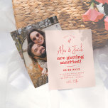 Budget Groovy Sparkle 70s Pink & Red Photo Wedding<br><div class="desc">A fun and funky wedding invitation. The front of this budget card features a cream-pink background with cherry red typography. The couple's names are written in a modern handwriting-style script lettering font with "are getting married" in groovy retro typography. Above the names, there is a hand-drawn sparkle illustration. Below, the...</div>