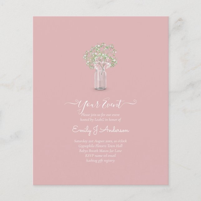 BUDGET Gypsophila Mason Jar Modern Minimal WEDDING Flyer (Front)