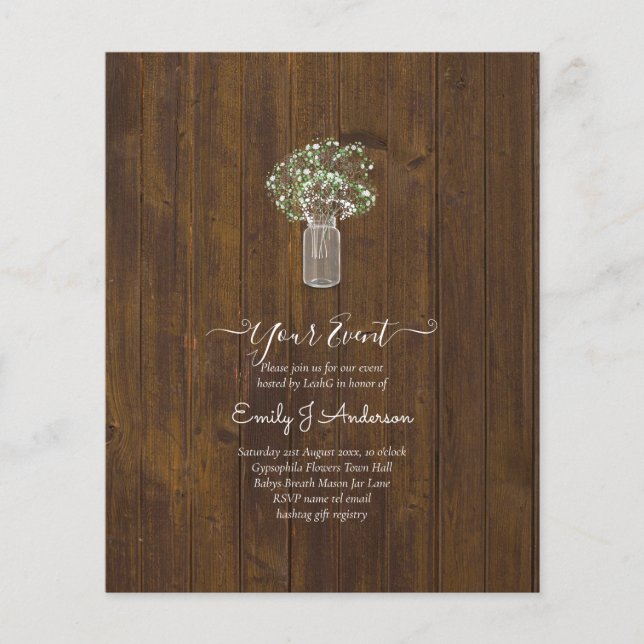 BUDGET Gypsophila Mason Jar Modern Minimal WEDDING Flyer (Front)