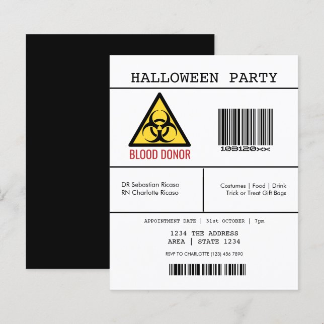 BUDGET Halloween Party Hazardous Blood Donor (Front/Back)
