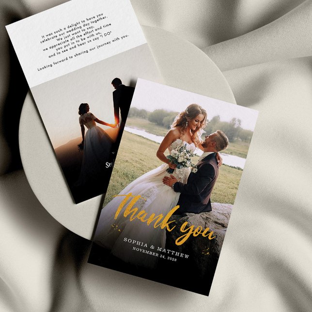 Budget Hand-Lettered Wedding Photos Thank You Card (Elegant Wedding Photos Couples Script Gold Foil Thank You Note Card)