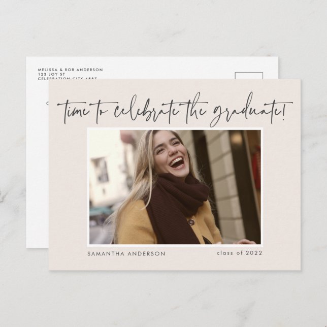 Budget Handwritten Script Photo 2022 Graduation Postcard (Front/Back)