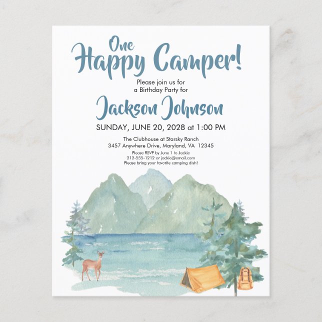 Budget Happy Camper Rustic Mountains Birthday  (Front)