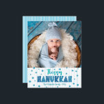 Budget Happy Hanukkah Photo Blue Stars Modern Card<br><div class="desc">“Happy Hanukkah.” Fun, playful, whimsical handcrafted typography and a random Star of David pattern in light turquoise blue, overlaying light turquoise blue hand drawn lines on a white background, along with the photo of your choice, help you usher in Hanukkah. Hand drawn white lines overlay a light blue background on...</div>