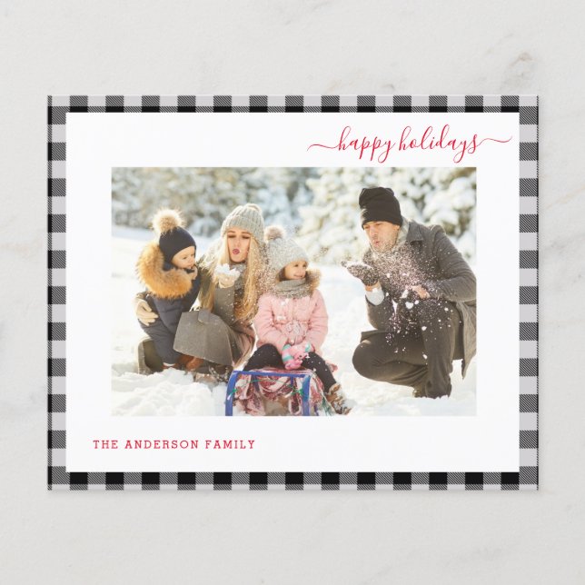Budget Happy Holiday Plaid Modern 2 Photo Card (Front)