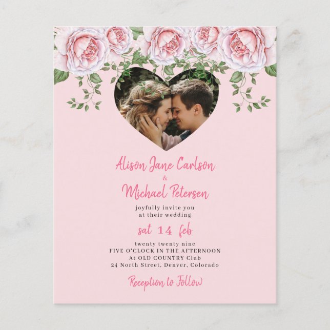 Budget heart photo pink floral wedding invitation flyer (Front)