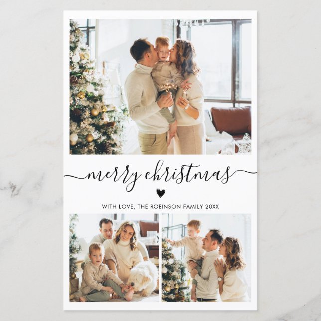 Budget Heart Script 3 Photo Collage Christmas Card (Front)